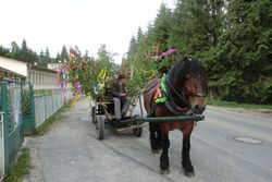 Folklórna skupina prichádza k cieľu - ku váľaniu mája