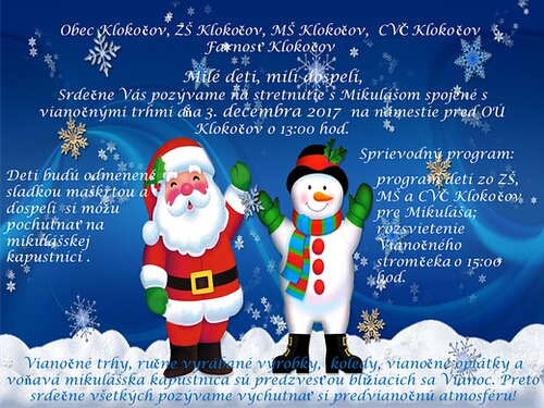 Stretnutie s Mikulášom spojené s vianočnými trhmi - 3. decembra 2017