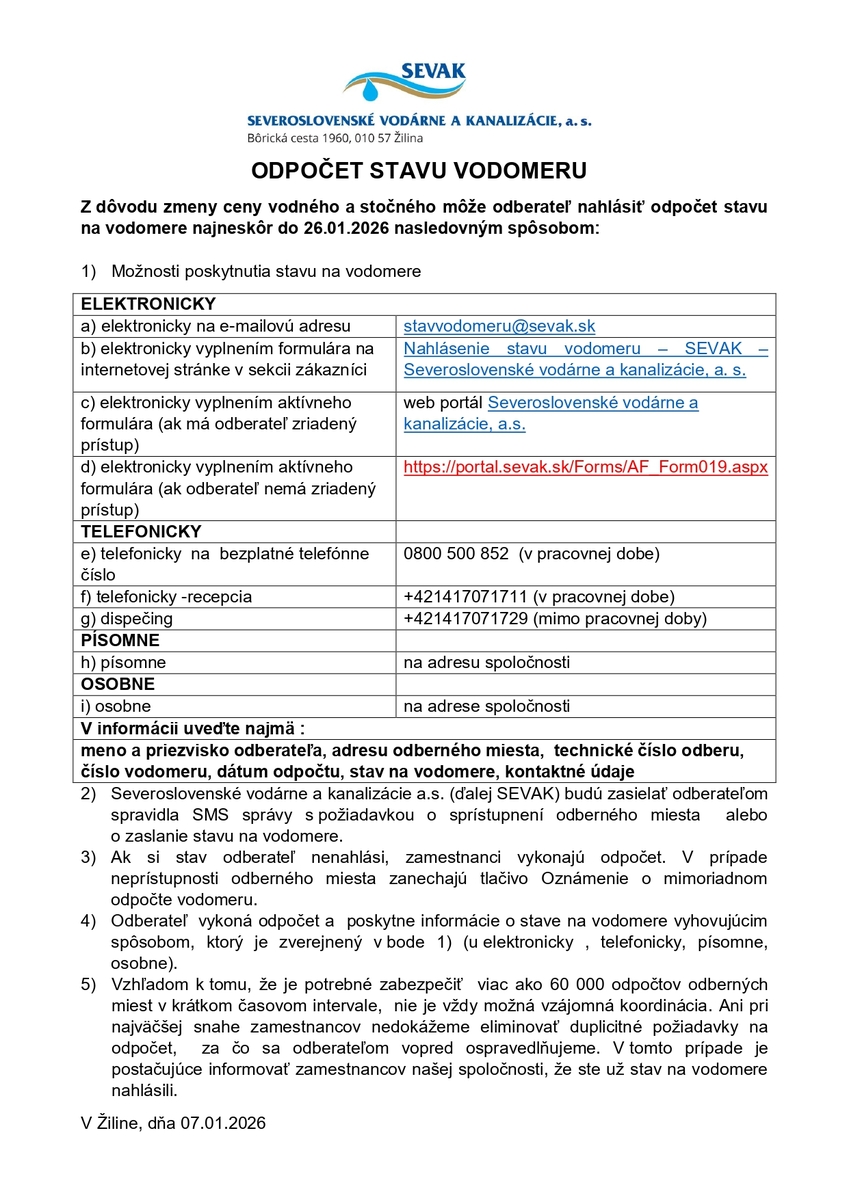 informácia o odpočte vodomeru